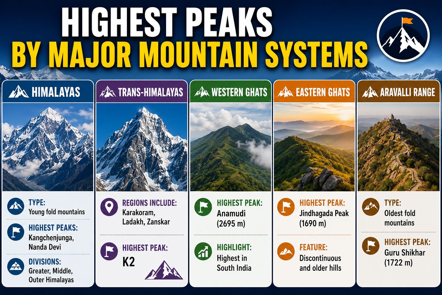 Mountain ranges and their highest peaks